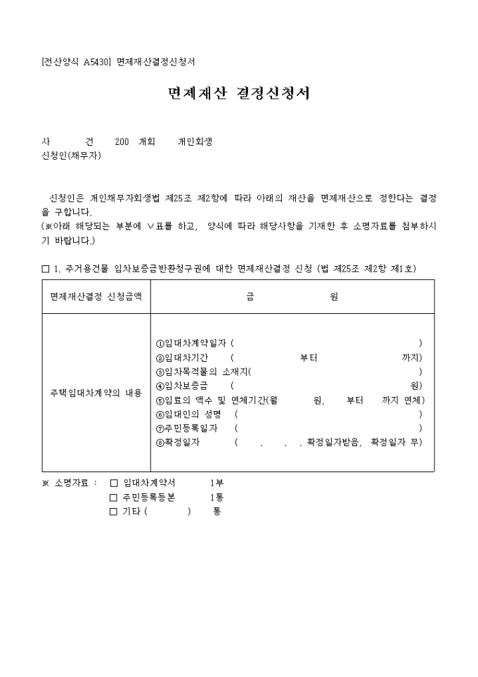 면제재산 결정신청서 미리보기