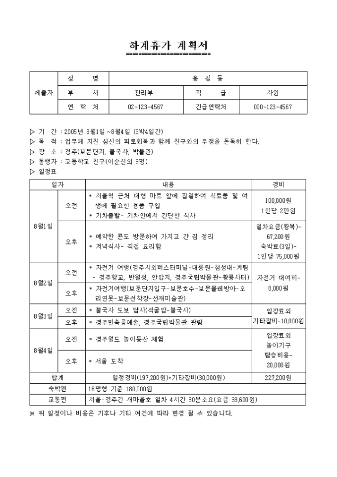 여름휴가 계획서(경주) 미리보기