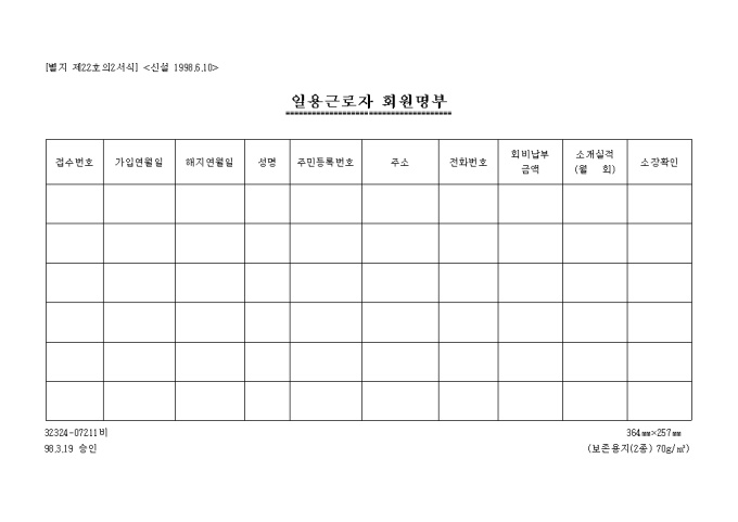일용근로자 회원명부(신설 1998.6.10(별지 제22호의2서식) 미리보기