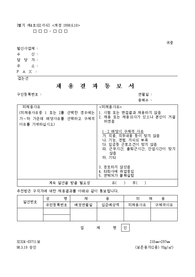 채용결과통보서(개정 1998.6.10(별지 제4호의2서식) 미리보기
