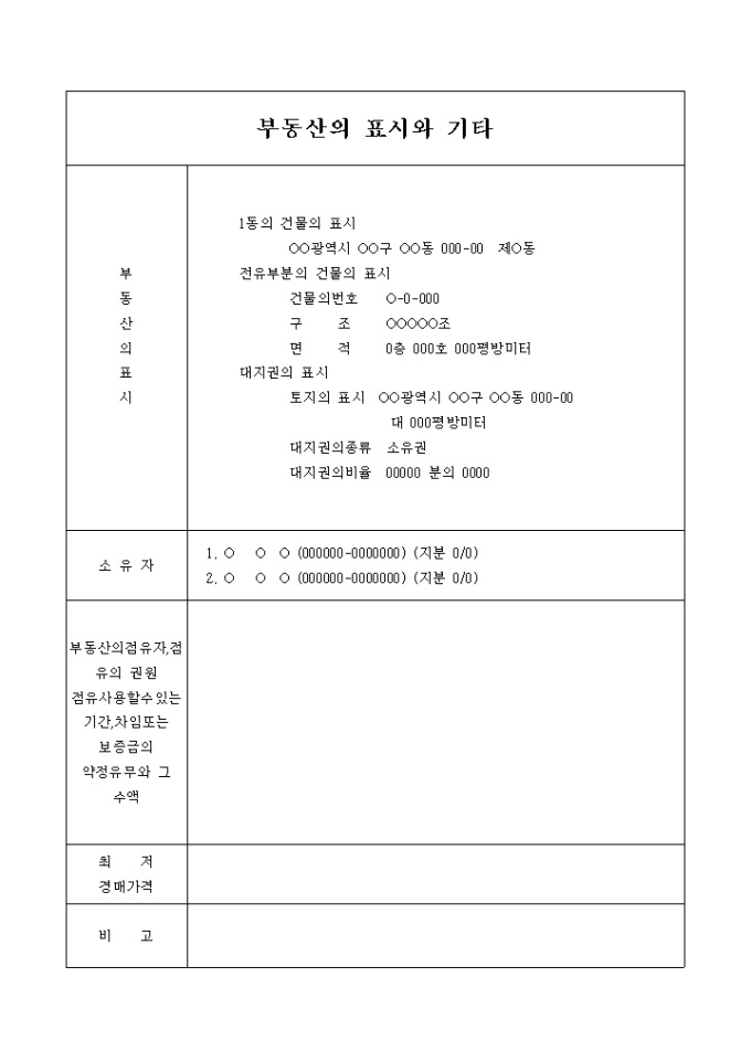 경매목록(부동산의 표시와 기타) 미리보기