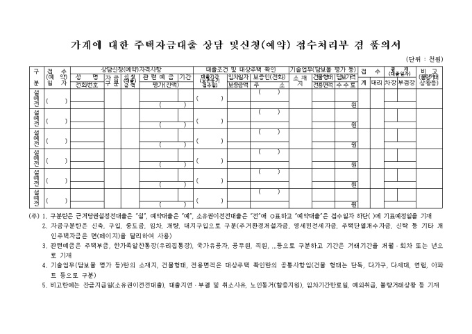 가계에 대한 주택자금대출 상담 및 신청(예약)접수처리부 겸 품의서 미리보기