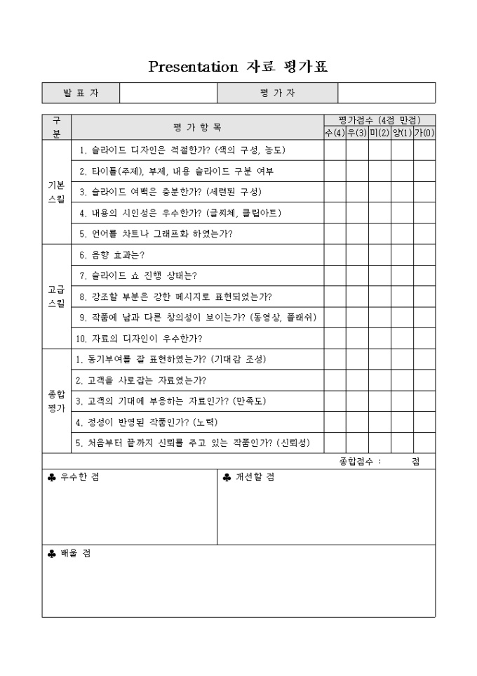 Presentation 자료평가표 미리보기