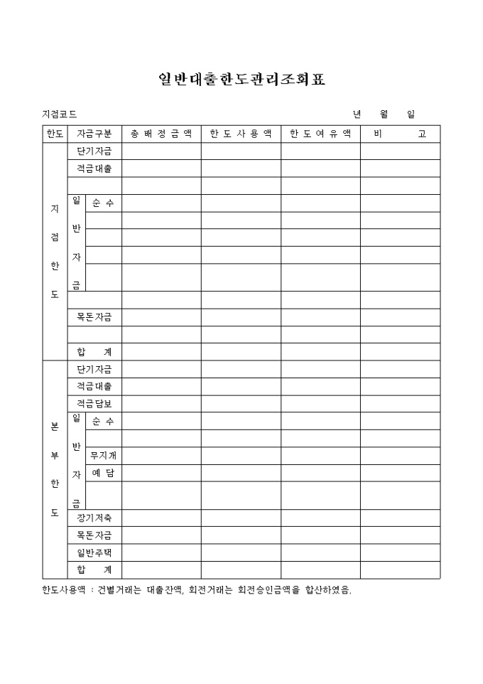 일반대출한도 관리조회표 미리보기