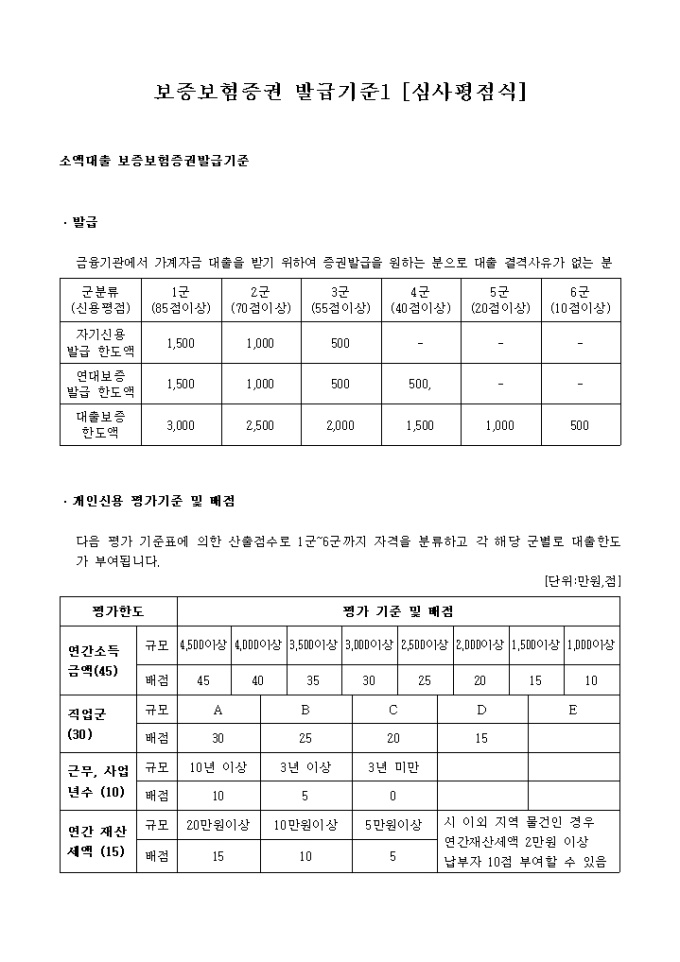 보증보험 증권발급 기준(심사 평점식) 미리보기