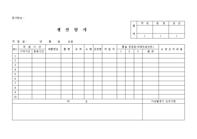 생산일지(품질 관련 부서) 미리보기