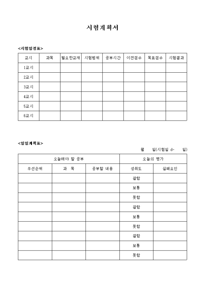 시험 계획서(시험일정표, 일일 계획표) 미리보기