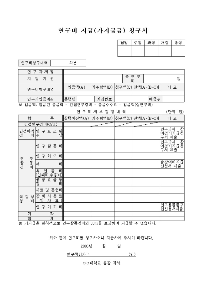 연구비 지급(가지급금)청구서 미리보기