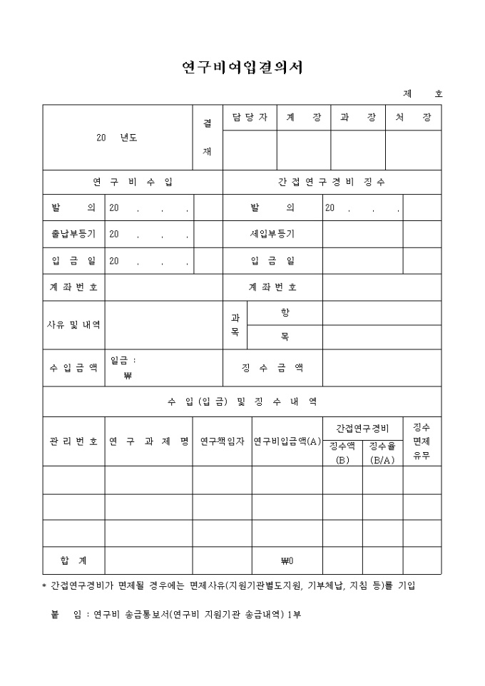 연구비 여입 결의서 미리보기