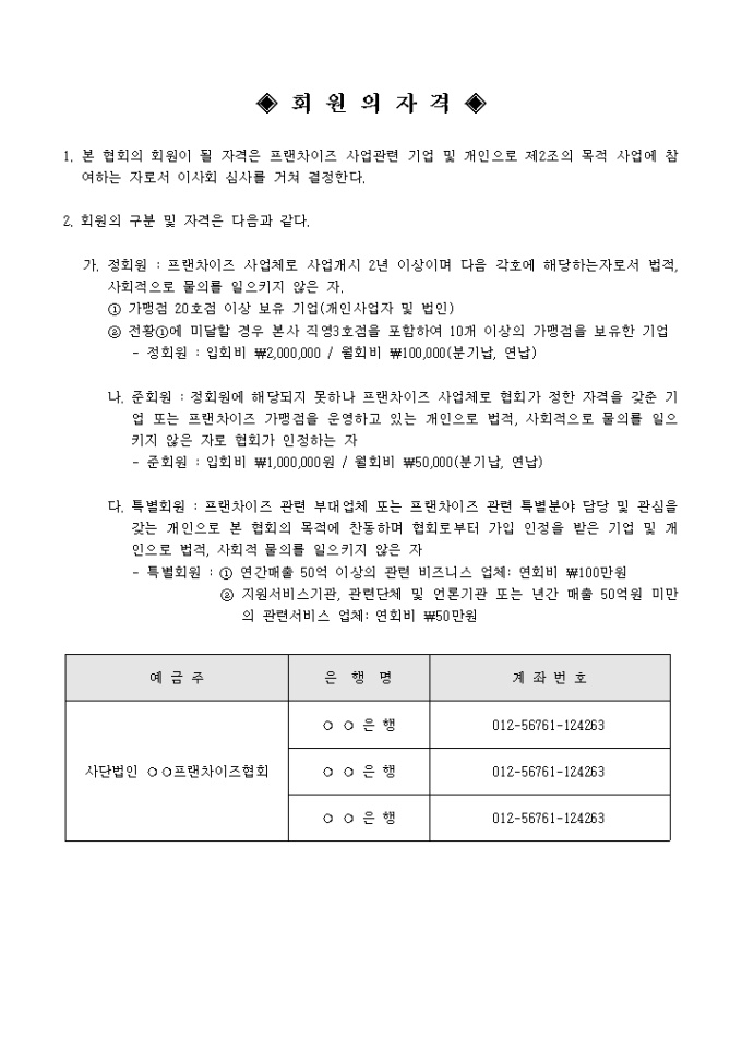 프랜차이즈 회원가입 약관 및 가입신청서 미리보기