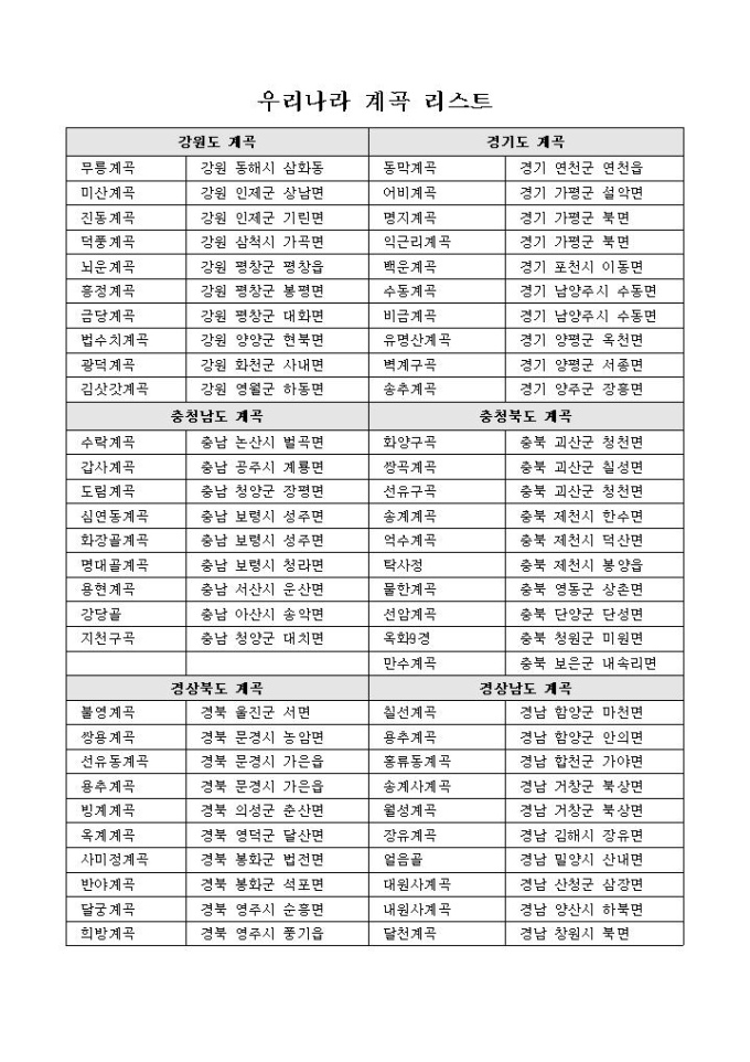 우리나라 계곡 리스트 미리보기
