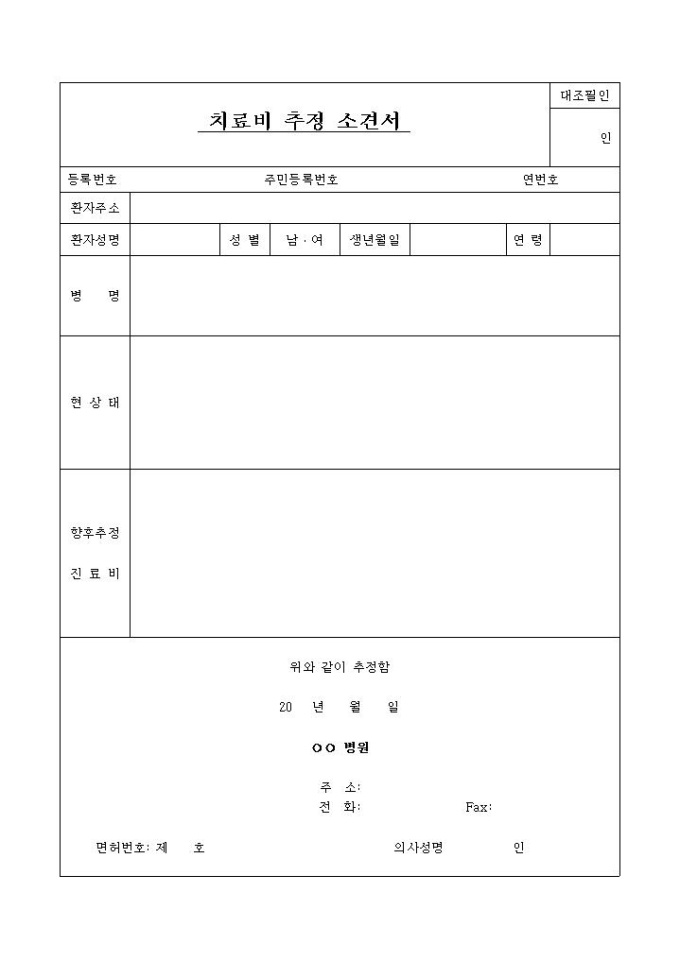 치료비추정 소견서 미리보기