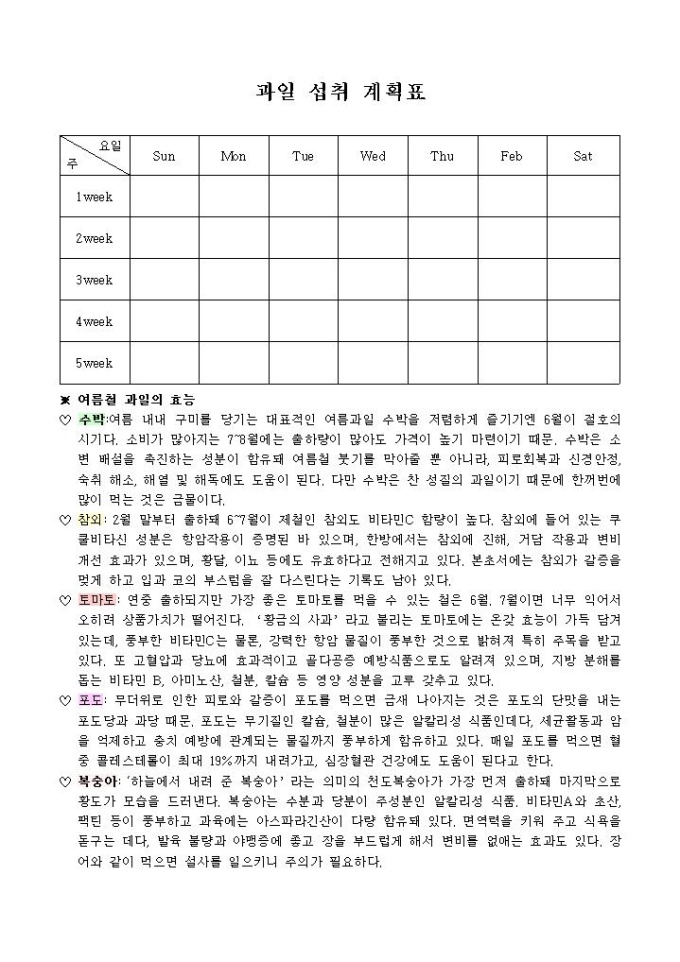 과일 섭취 계획표(여름철과일) 미리보기