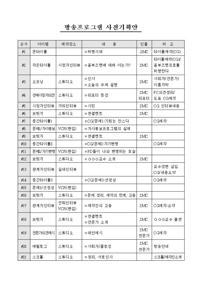 방송프로그램 사전기획안 미리보기