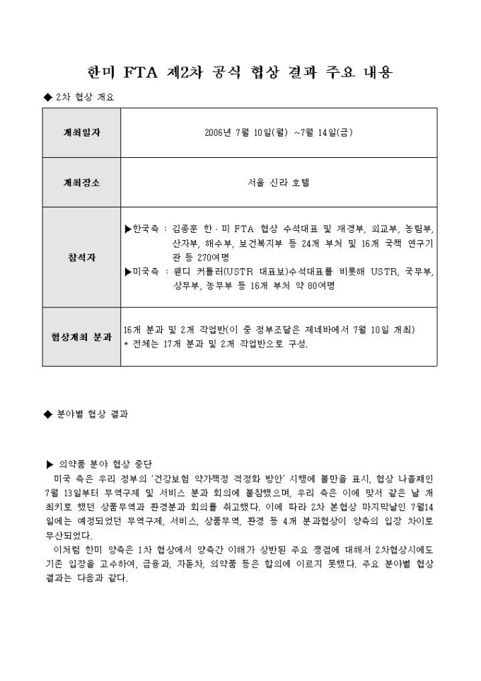 한미 FTA 제2차 공식 협상 결과 주요 내용 미리보기