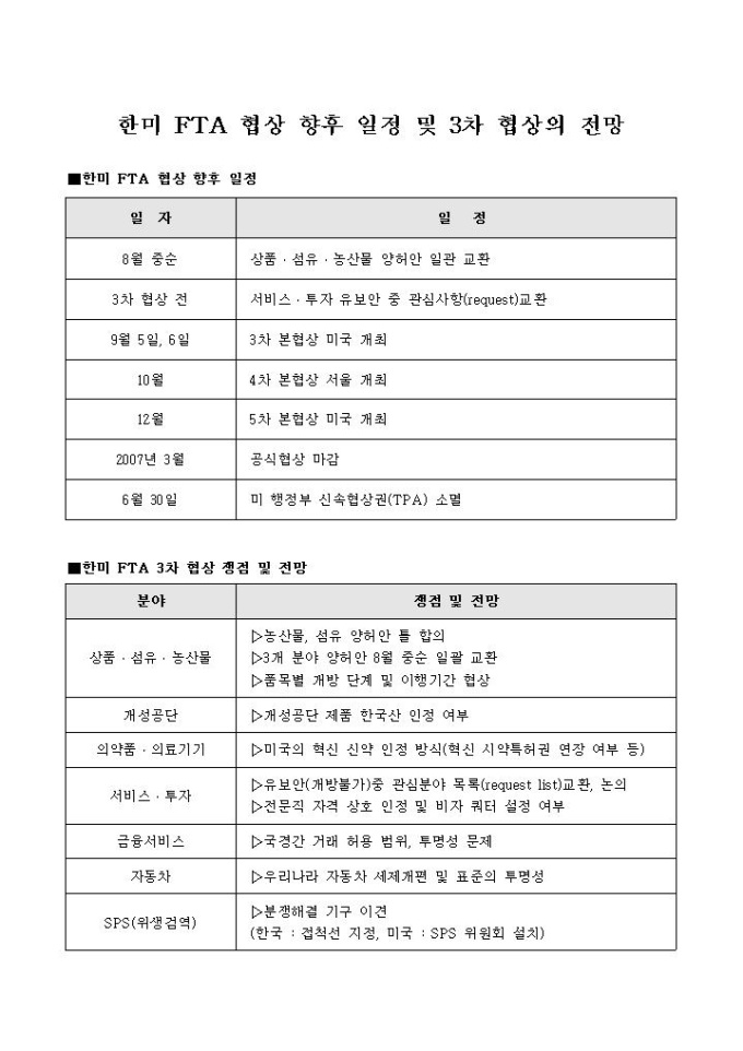 한미 FTA 협상 향후 일정 및 3차 협상의 전망 미리보기
