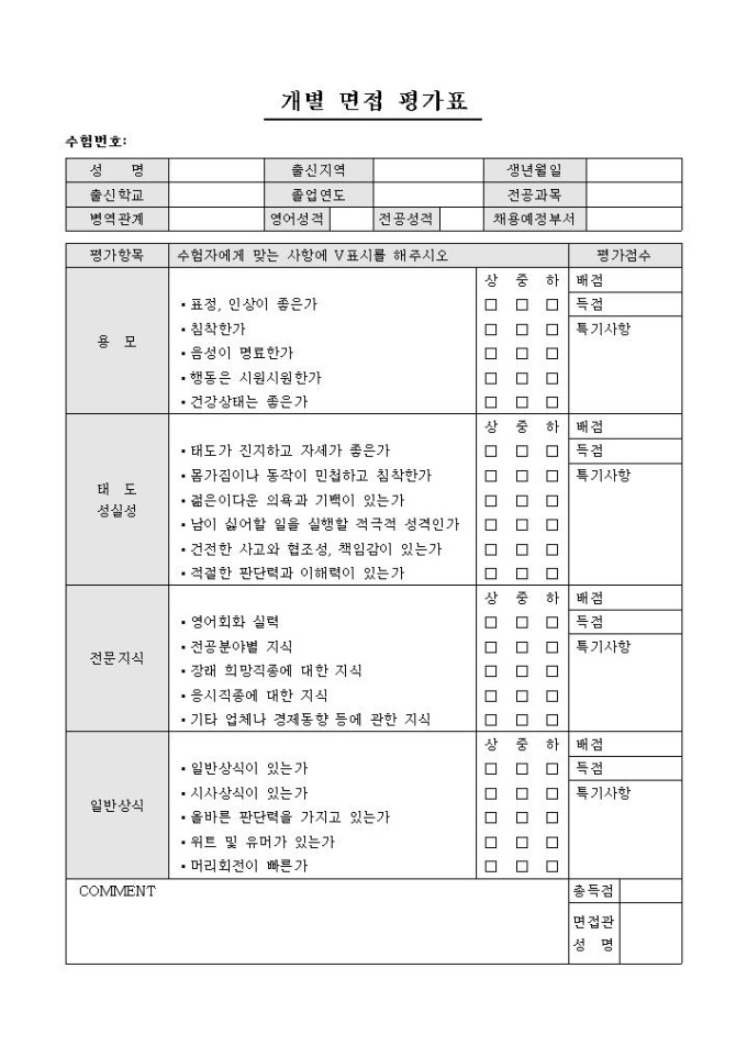 개별 면접 평가표 미리보기
