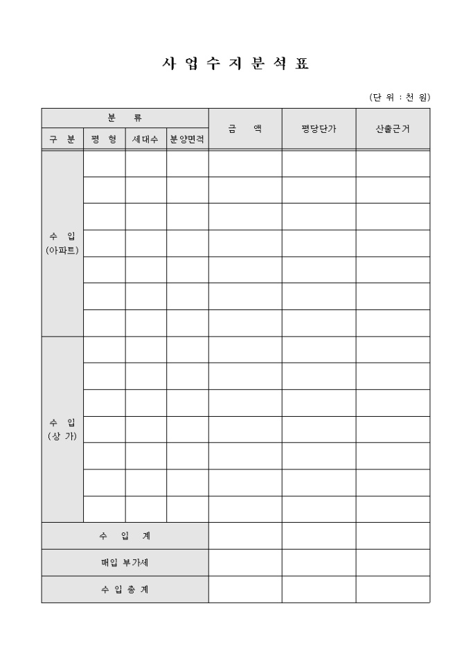 사업수지분석표(아파트, 상가) 미리보기