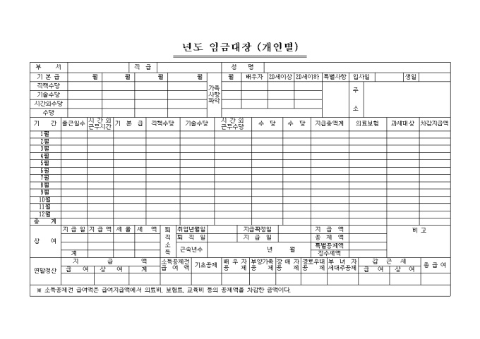 년도임금 대장(개인별) 미리보기