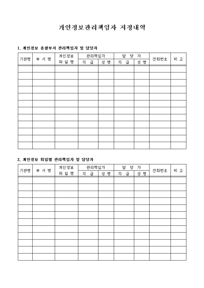 개인정보관리책임자 지정내역서 미리보기