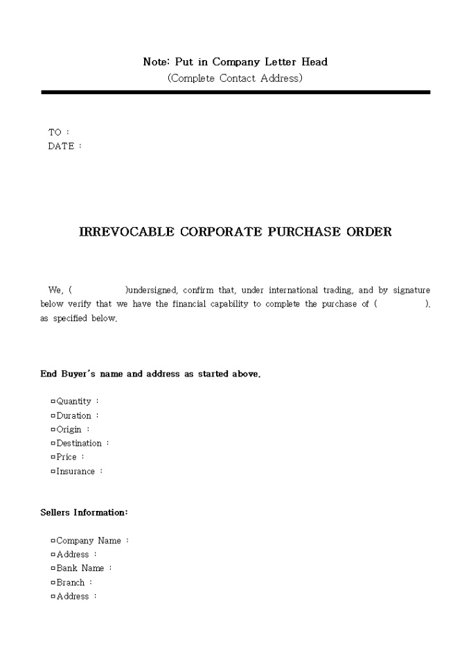 IRREVOCABLE CORPORATE PURCHASE ORDER(취소 불능 구매 발주서) 미리보기
