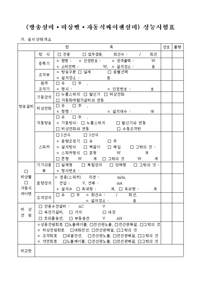 방송설비, 비상벨, 자동식싸이렌설비성능시험표 미리보기