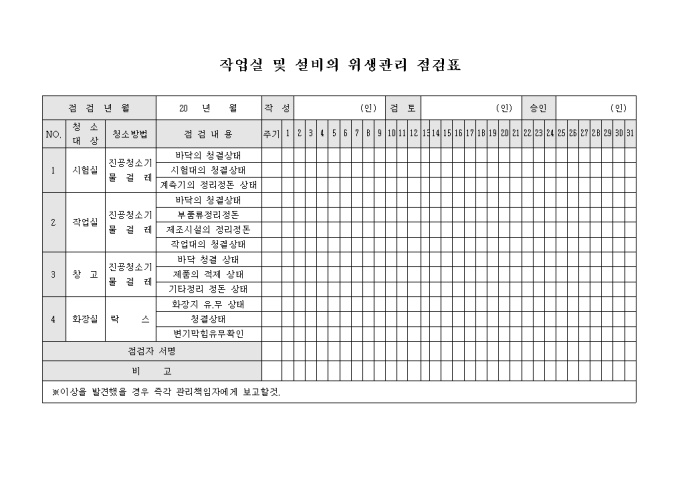 위생관리 점검표(작업실, 설비) 미리보기