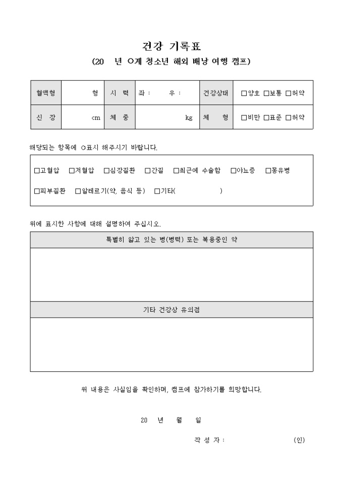 건강 기록표(청소년 해외 배낭 여행 캠프) 미리보기