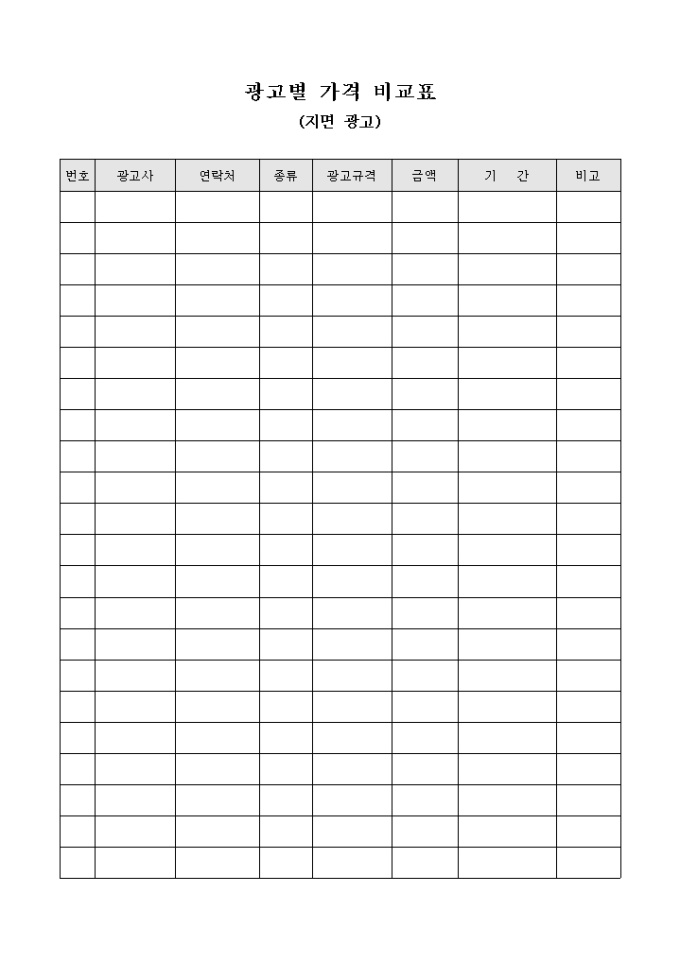 광고별 가격 비교표 미리보기