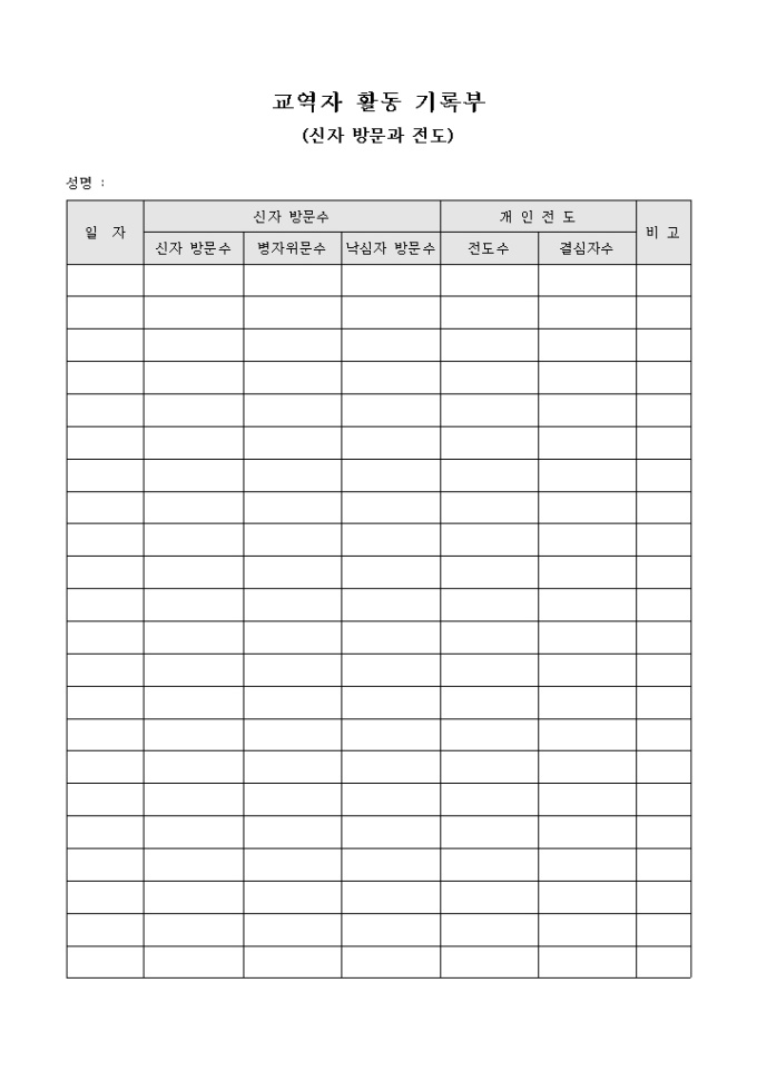 교역자 활동 기록부(신자 방문과 전도) 미리보기