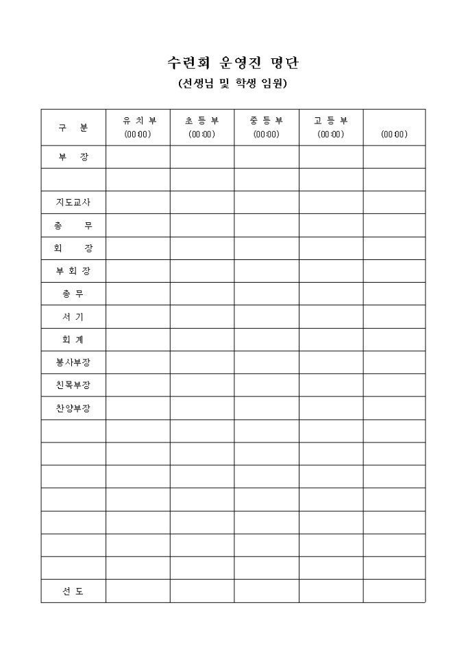 교회 수련회 운영진 명단(선생님 및 학생 임원) 미리보기