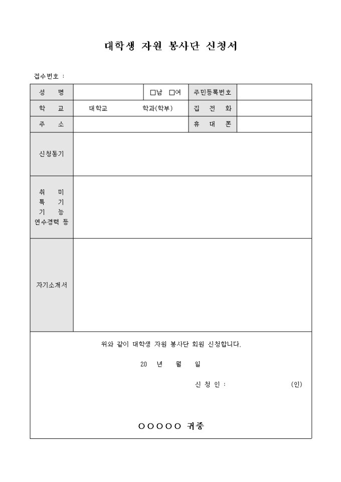 대학생 자원 봉사단 신청서 미리보기