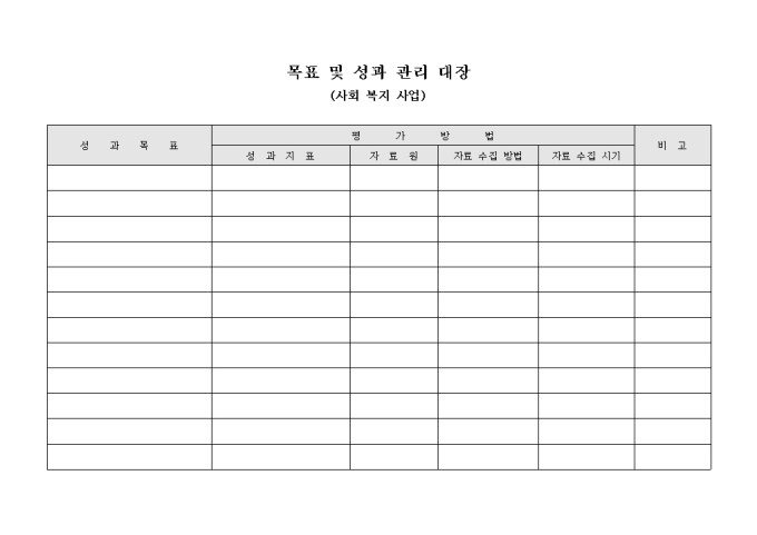 목표 및 성과 관리 대장(사회 복지 사업) 미리보기