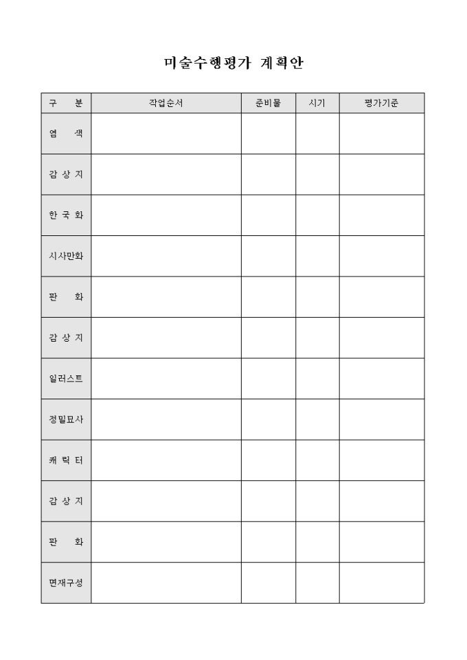 미술수행평가 계획안(양식) 미리보기