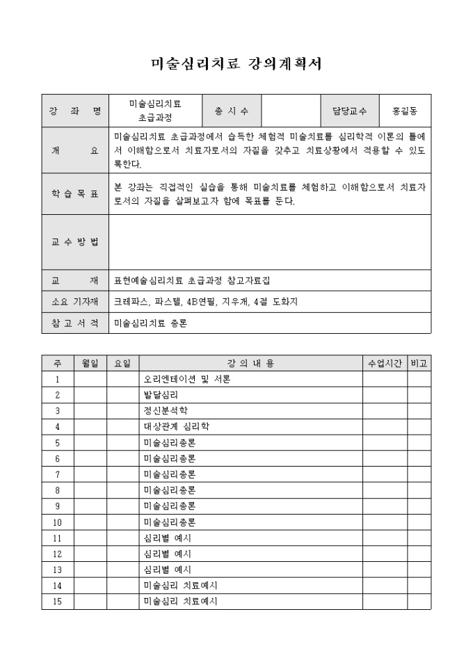 미술심리치료 강의계획서 미리보기