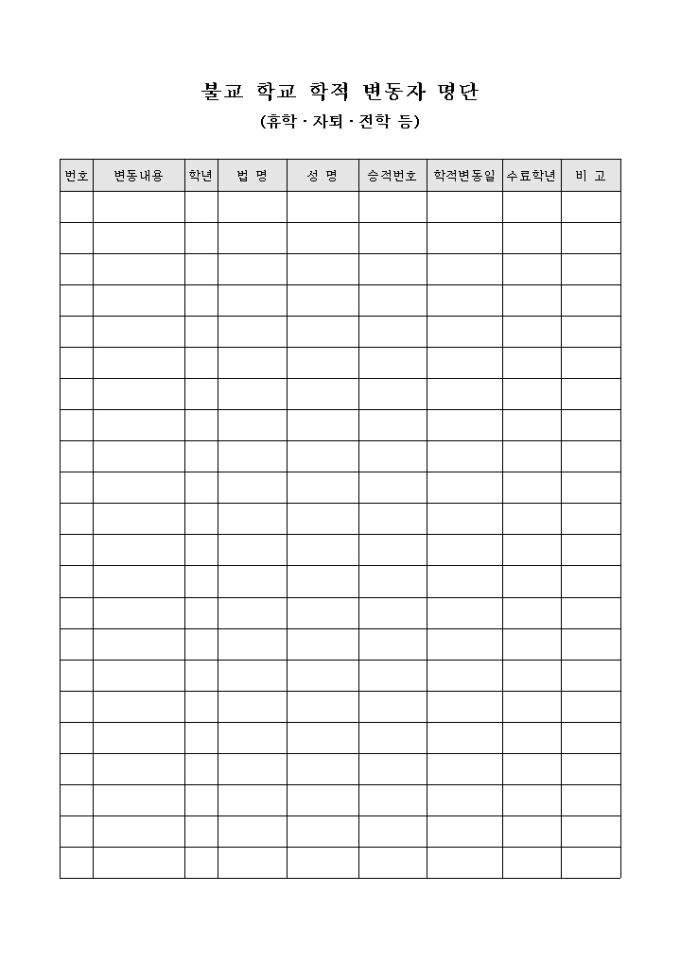 불교 학교 학적 변동자 명단(휴학·자퇴·전학 등) 미리보기