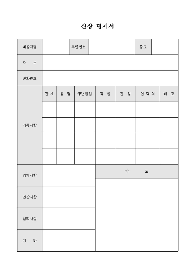 불우 이웃 신상 명세서(사회 복지) 미리보기