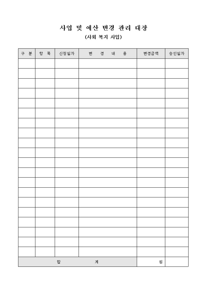 사업 및 예산 변경 관리 대장(사회 복지 사업) 미리보기