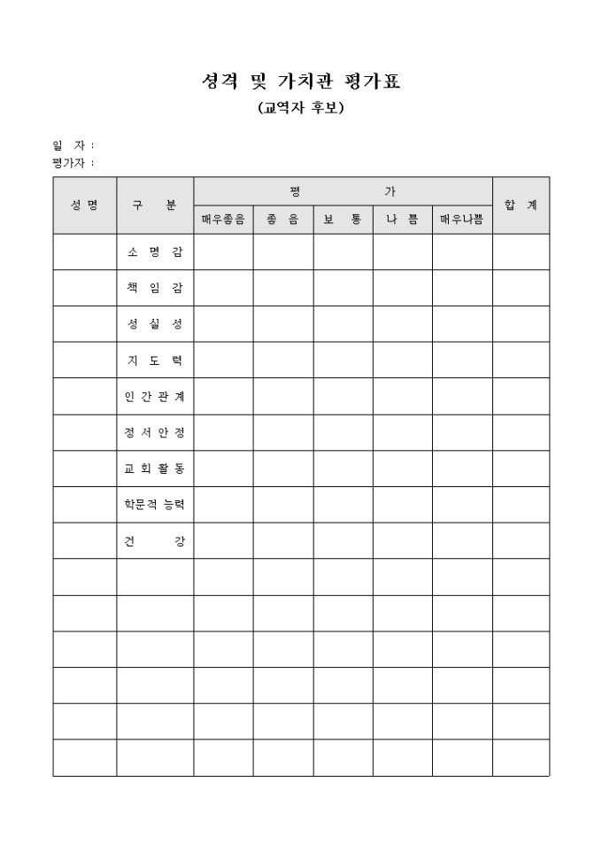 성격 및 가치관 평가표(교역자 후보) 미리보기