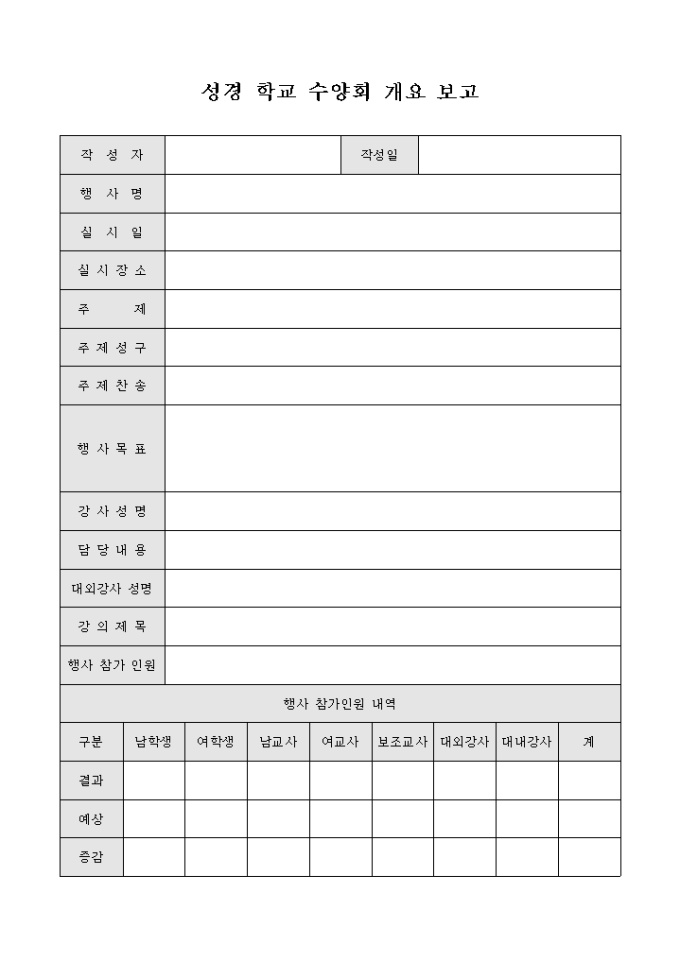 성경 학교 수양회 개요 보고서 미리보기