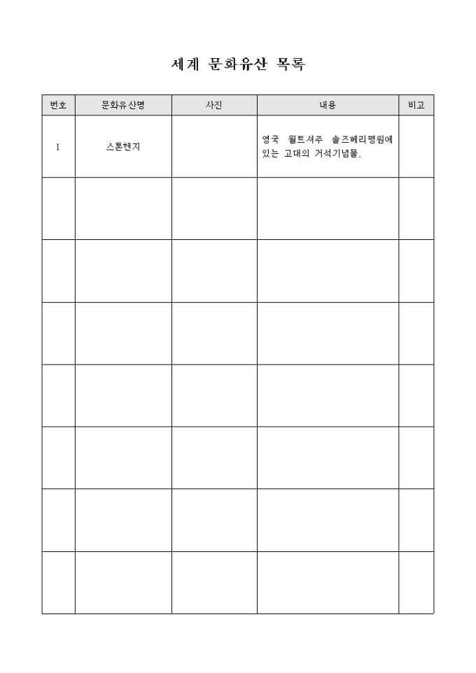 세계 문화 유산 목록표(양식) 미리보기