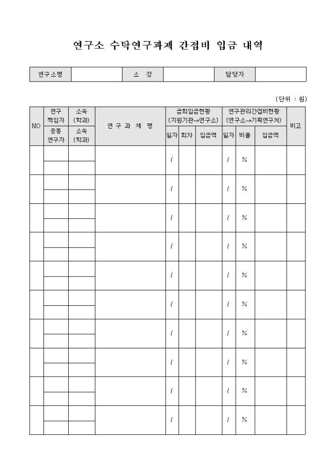 연구소 수탁 연구 과제 간접비 입금 내역 미리보기