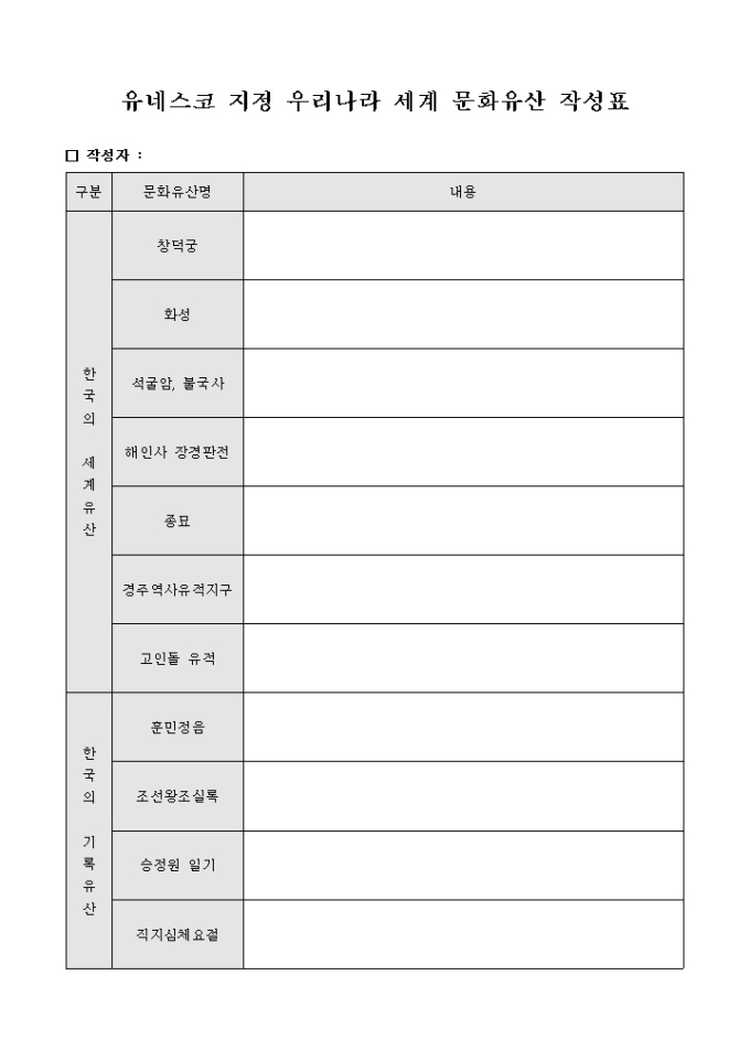 유네스코 지정 우리나라 세계 문화 유산 작성표 미리보기