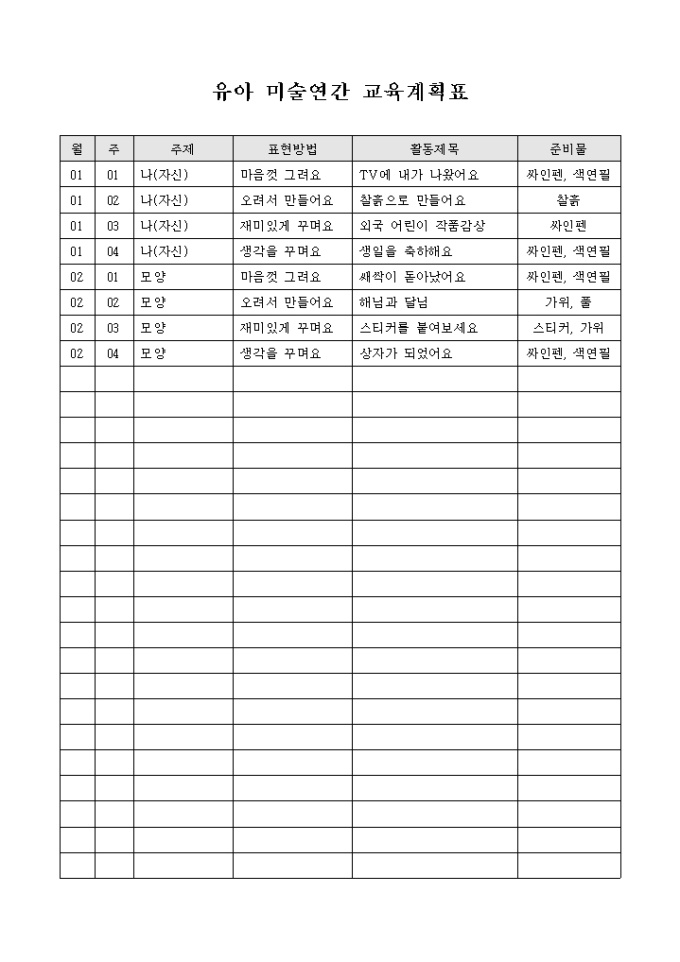 유아 미술연간 교육계획표 미리보기