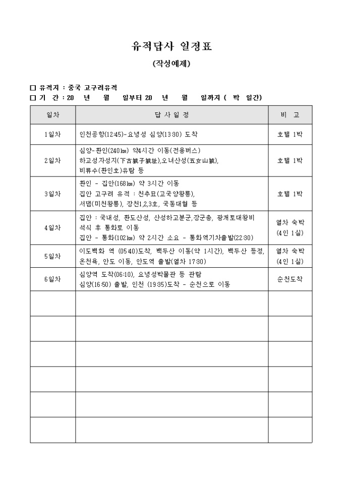 유적답사 일정표(중국 고구려 유적) 미리보기