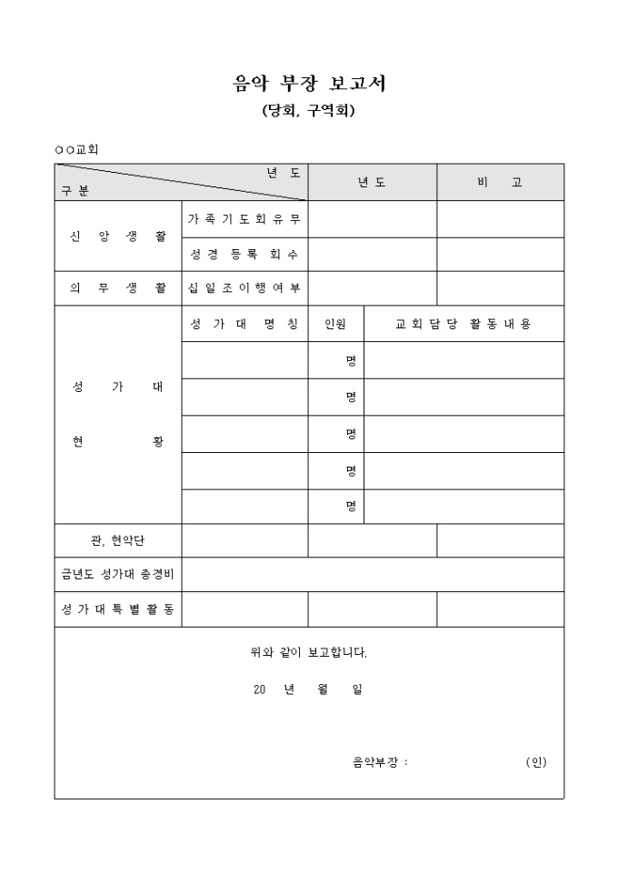 음악 부장 보고서(당회 구역회) 미리보기