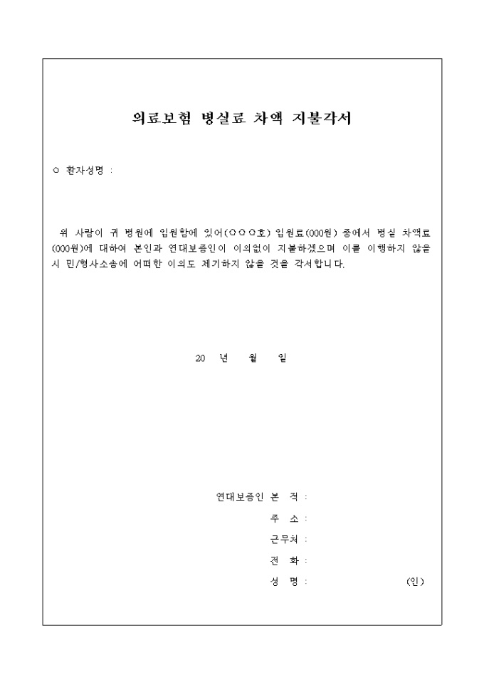 의료 보험 병실료 차액 지불 각서 미리보기