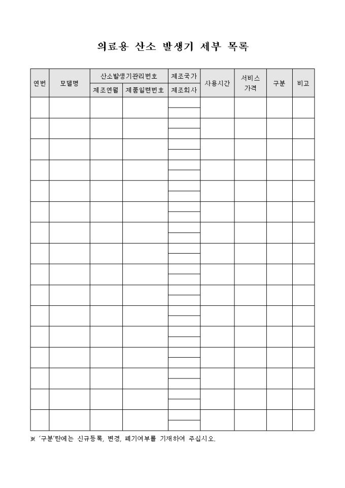 의료용 산소 발생기 세부 목록 미리보기