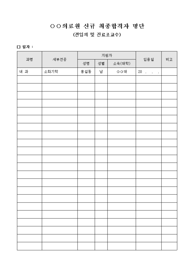의료원 신규 최종 합격자 명단(전임의 및 진료조교수) 미리보기