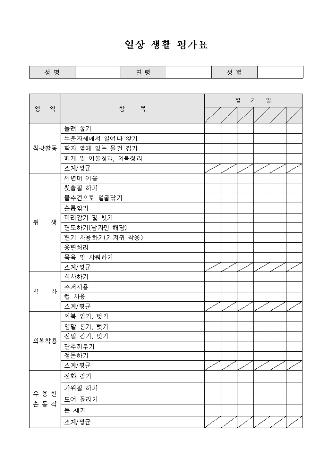 일상 생활 평가표 미리보기